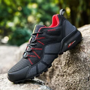 Men's breathable hiking shoes in black and red for outdoor trekking and sports use