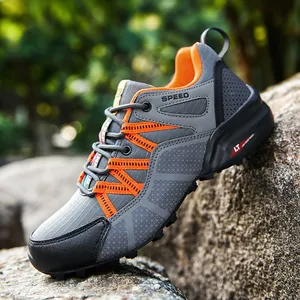 Men's breathable grey and orange outdoor hiking shoes for trail running and trekking