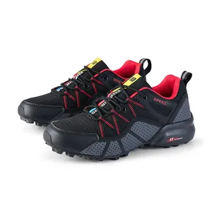 Durable men's outdoor trail running shoes breathable hiking sneakers in black red
