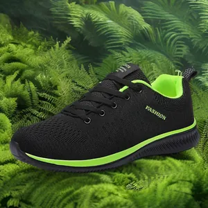 Professional breathable flyknit sneakers for men in large sizes black and neon green