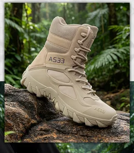 Side view of professional khaki high-top tactical boots for outdoor hiking and training