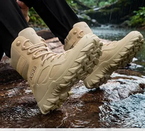 Close-up of breathable high-top tactical boots in a rugged outdoor stream environment.