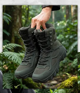 High-performance army green tactical boots for men in a rugged forest hiking environment.