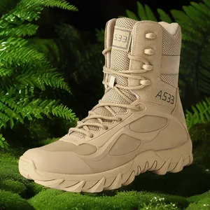 Breathable sand-colored high-top tactical boots for outdoor hiking and training