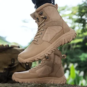 Durable khaki outdoor tactical combat boots with rubber sole for hiking and trekking sports