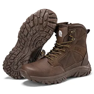 Durable men's brown tactical hiking boots with rugged non-slip sole and mesh panels