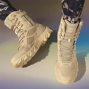 Khaki high-top breathable tactical outdoor boots for men with wear-resistant sole