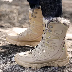High-top men's warm snow boots with fleece lining and rugged outdoor combat design