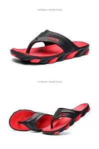 Detail view of men's red and black flip-flops showing strap logo and sole pattern.