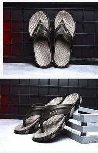 Men's olive green summer flip-flops with textured non-slip sole and durable strap detail
