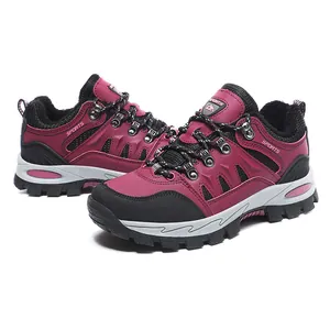 Warm wine red outdoor hiking shoes with thick plush lining for winter mountain trekking