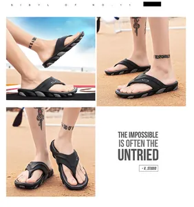 Detailed view of men's black summer flip-flops shown on sand from multiple angles