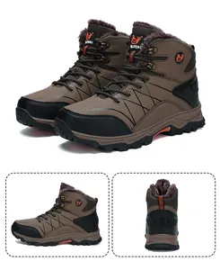 Macro view of high-top men's hiking boots with warm fur lining and durable outdoor soles