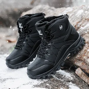 Waterproof black men's high-top fur-lined hiking boots for winter outdoor trekking shoes