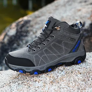 Professional grey waterproof high-top hiking boots for men with non-slip rubber soles