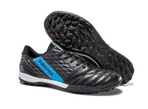 Durable TF soccer turf shoes for outdoor training with black synthetic leather upper
