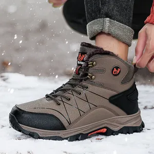 Men's high-top leather winter hiking boots with warm plush lining for outdoor trekking