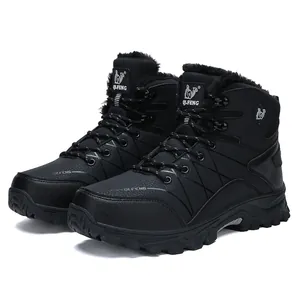 Men's black high-top hiking boots with warm plush lining and waterproof leather upper