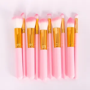 Vue détaillée de 10 pinceaux de maquillage roses avec viroles dorées brillantes.