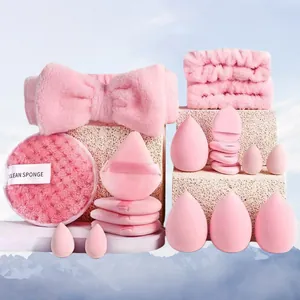 Set d'outils beauté rose 31 pièces avec éponges à maquillage, houppettes et bandeau peluche