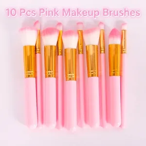 Kit de 10 pinceaux de maquillage roses professionnels avec poils synthétiques doux