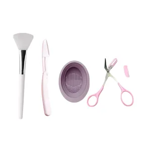 Kit de beauté 4 pièces rose avec pinceau silicone, bol nettoyant, rasoir et ciseaux