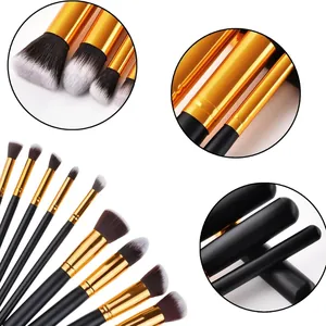 Detail view of 10pcs black and gold makeup brush set with soft fiber bristles