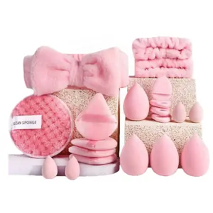 Set de 35 éponges à maquillage rose avec bandeau nœud et serviettes en microfibre
