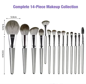 Set completo da 14 pennelli per il trucco con misure dettagliate delle dimensioni.