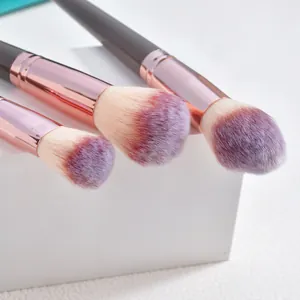 Vue détaillée de pinceaux de maquillage avec viroles en or rose et poils violets doux
