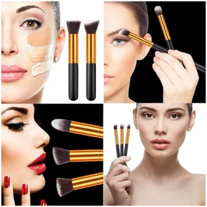 Collage showing various soft synthetic makeup brushes for professional facial application.