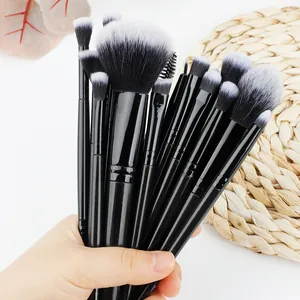Gros plan d'un ensemble de 20 pinceaux de maquillage avec manches noirs et pointes blanches
