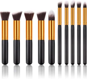 10-piece black and gold makeup brush set with soft synthetic bristles for face and eyes