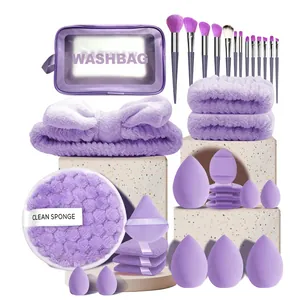 Coffret de maquillage violet 34 pièces comprenant pinceaux, éponges et sac de rangement