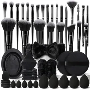 Set complet de 36 pinceaux de maquillage noirs avec éponges, houppettes et bandeau à nœud