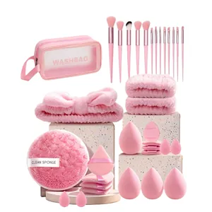 Coffret détaillé de 34 pinceaux de maquillage rose professionnel avec éponges et trousse