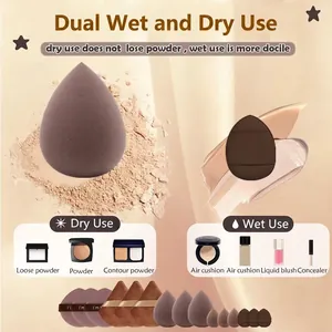 Vue détaillée des éponges à maquillage café pour une utilisation sèche ou humide.