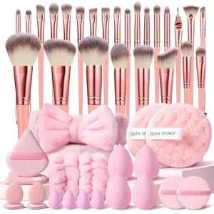 Ensemble complet de 36 pinceaux de maquillage rose professionnel avec éponges
