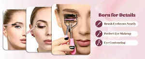 Detail van het gebruik van wimperkruller en make-up kwasten voor oogmake-up applicatie