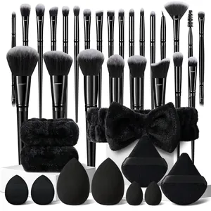 Coffret professionnel de 36 pinceaux de maquillage noirs avec éponges et bandeaux