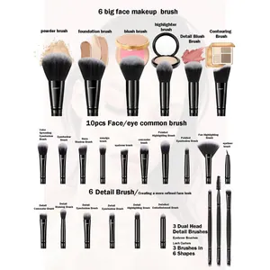 Kit complet de pinceaux de maquillage avec pinceaux visage, yeux et détails et fonctions