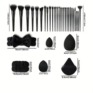 Dimensions détaillées pour l'ensemble de 36 pinceaux de maquillage, bandeau et éponge noirs