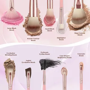 Gedetailleerd overzicht van professionele make-up borstelset met labels per borsteltje