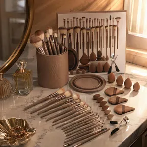 Ensemble complet de 50 pinceaux et éponges de maquillage professionnels sur marbre