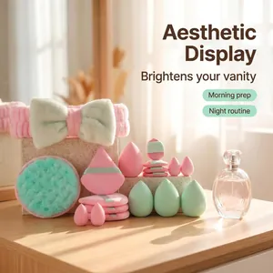 20-delige make-up sponsset met roze en muntgroene beauty blenders en haarband