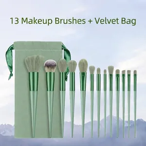 13pcs professional green makeup brush set with matching velvet storage bag
