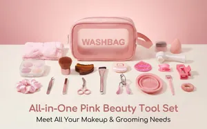 Comprehensive 23-piece pink beauty tool set including makeup brushes and a washbag.