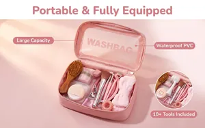Detailed view of pink portable makeup bag fully equipped with 10+ beauty tools