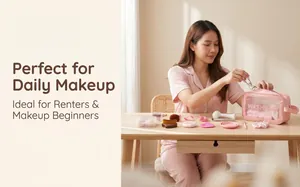 Complete 23pcs makeup tool set with brushes and pink washbag in lifestyle scene