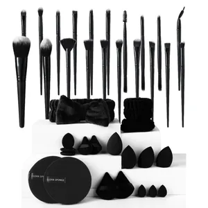 Professionelles 30-teiliges schwarzes Make-up-Pinsel-Set mit Schwämmen und Stirnband